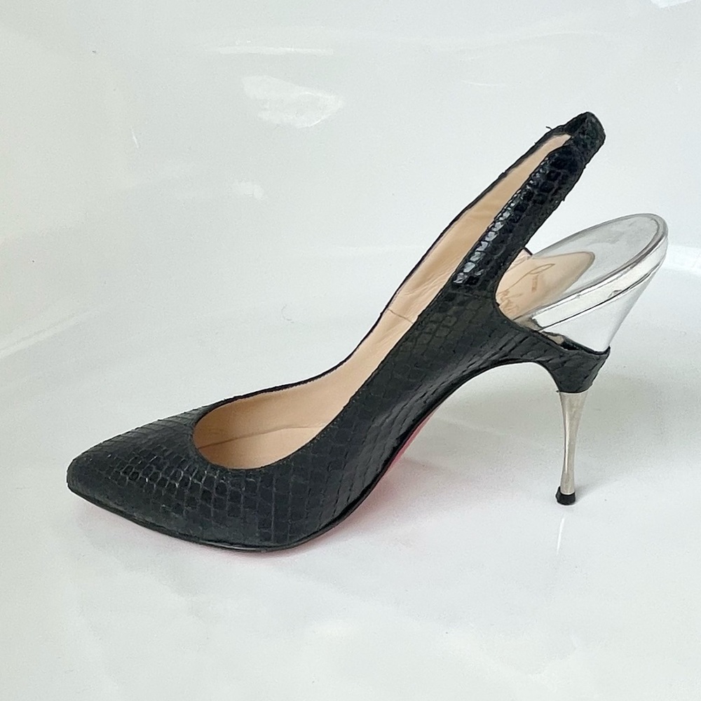 💋CHRISTIAN LOUBOUTIN, Black Python Sling backs - size 38 (8); 4.72” heel.